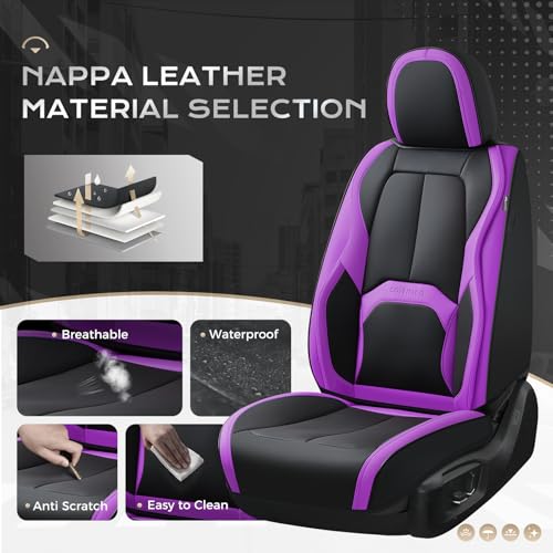 Image of Coverado Car Seat Covers Full Set, Waterproof Nappa Leather Seat Covers for Car, Car Seat Protector with Lumbar Support, Automotive Seat Covers Universal Fit for Most Cars SUV Trucks, (Black&Purple)