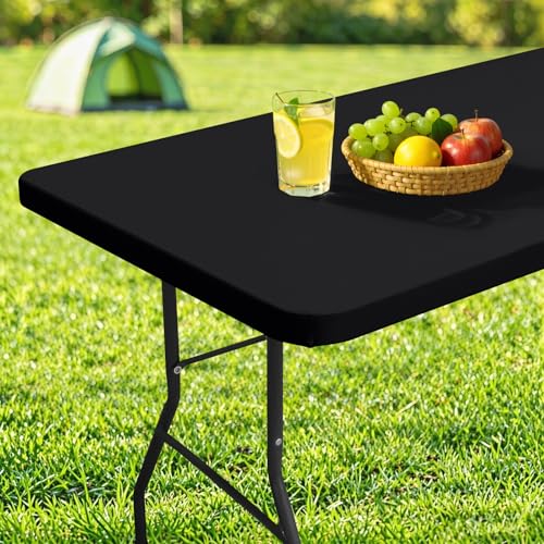 homing Rectangle Table Cloth Cover, Waterproof Polyester Elastic Fitted Tablecloth, Fits for 6 Foot Folding Tables, Washable Table Protector for Picnic, Camping, Outdoor (Black, 30