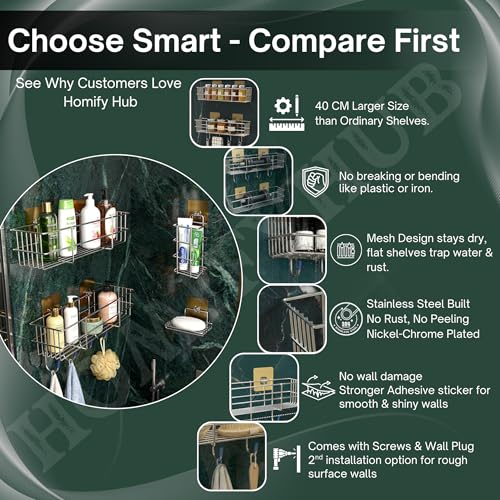 Image of SS304 Stainless Steel 4 Pcs Bathroom Organiser Without Drill | Self Adhesive No Drill Kitchen Bathroom Accessories Rustproof Waterproof | 4 Pcs Set: Wall Shelf, Soap Holder, Toothbrush Stand
