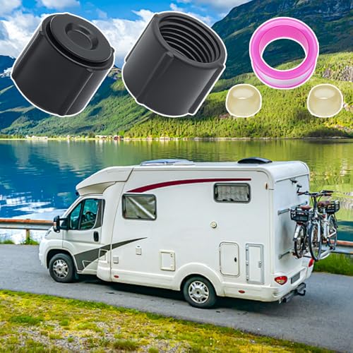 Image of 2 Pcs Black Plastic Low Point Drain Seals /Caps with Sealing Ring & Teflon Tape Compatible - 1 /2 inch Hot and Cold Water Pipes,Suitable for RVs, Campers, Travel Trailers