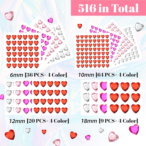 516PCS Heart Face Gems Pink Heart Rhinestones Self Adhesive Acrylic Heart Jewels for Hair Body Bling Crystal Heart Stickers for Wedding Valentine's Day Decoration Nail Art DIY Craft (6/10/12/18mm) - Image 5