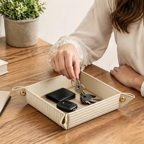 Image of YAPISHI Light Luxury Valet Tray for Men, PU Leather Vanity Jewelry Tray & Decorative Perfume Catchall, Folding Travel EDC Dump Tray, Nightstand Organizer Caddy for Keys, Watches, Coin Bowl Dish