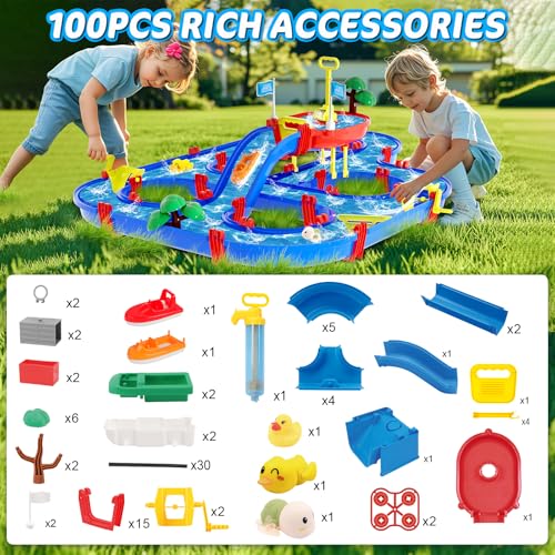 TERRAMUS Double-Tier Kids Water Table Toys, 100PCS Water Park Playset with Pump, DIY Toddler Waterways, Summer Outdoor Toys for Backyard,Lawn,Beach,Pool, Outside Activity Funs for Boys Girls 4-8 3-5