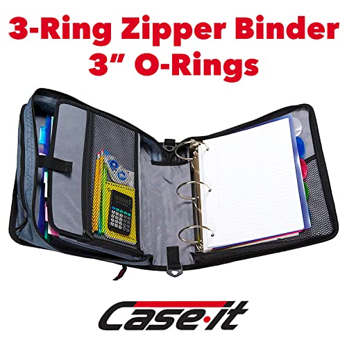 Case-It The Mighty Zip Tab Zipper Binder - 3 Inch O-Rings - 5 Color Tab Expanding File Folder - Multiple Pockets - 600 Sheet Capacity - Comes With Shoulder Strap - Fire Engine Red D-146 #TOP1
