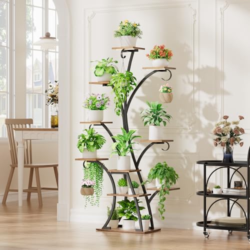 Image of Plant Stand Indoor with Grow Lights - Lighted Plant Shelf Indoor, 64 inch Tall Corner Plant Stands for Indoor Growing, 10 Tier Flower Display Shelf, Large Tree-Shaped Holder for Home, Living Room, Black