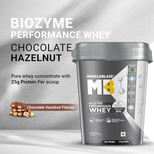 Image of MuscleBlaze Biozyme Performance Whey Protein Powder, Chocolate Hazelnut (4kg / 8.8lbs) & Micronised Creatine Monohydrate CreAMP, Unflavoured (32 Servings, 100g) | Combo Pack