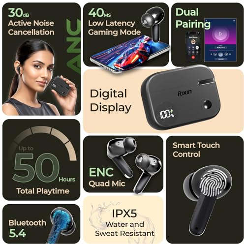 Image of Foxin FoxBuds F1 ANC True Wireless Bluetooth Earbuds Upto 30dB ANC, 50Hrs Playtime, Dual Pairing, Quad Mic ENC, 13mm Bass Driver, 40ms Low Latency, Digital Display, Gaming Mode, BT 5.4 (Shadow Black)