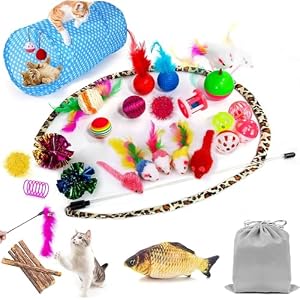 AILUKI 35PCS Cat Toys Variety Pack for Indoor Cats, Kitten Toys Set with Collapsible Cat Tunnel, Feather Wand, Plush Mice, Crinkle Balls & Interactive Cat Toys Bundle Storage Bag