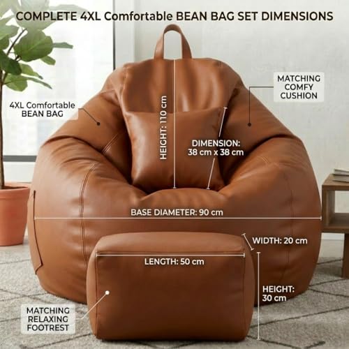 Image of KAM'S LIEU 5XL Luxury Faux Leather Bean Bag with Footrest & Cushion | Pre-Filled High-Density Polystyrene Beans | Premium Leatherette | 6 Months Warranty Color- (Tan, Without Footrest)