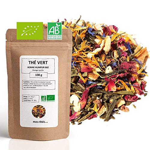 Thé Vert Bio ? Orange Vanille ? Bonne humeur ? Thé Vert en Vrac ? Sachet 100 grammes avec Zip ? 40 Tasses ? 100 % Agriculture Biologique ? Thé Vert de Qualité ? Satisfait ou Remboursé ?