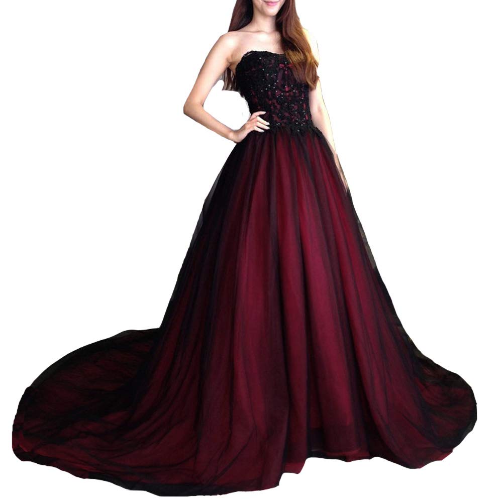 Women's Gothic Black Lace Long Tulle Beaded Ball Gown Wedding Prom Dress Formal