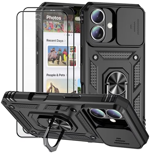 Dechyi Cover per Iphone 16 6.1 Pollici con Vetro Temperato Custodia con Scorrevole Protezione Fotocamera Custodia Rotante Anello Supporto Antiurto TPU Bumper Custodie-Nero