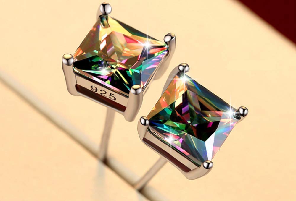 LVTING 925 Sterling Silver Ear Studs Brilliant Cut round Cubic Zirconia Birthstone Stud Earrings Hypoallergenic Rainbow Quartz Colourful Gifts for Women Men Teens Child, Small, Square