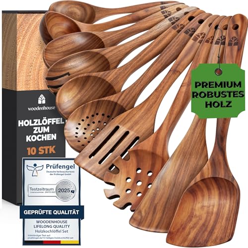 Kochlöffel Holz Set - Holzkochlöffel 10 Stück aus Teakholz - Holzlöffel, Pfannenwender Holz und weitere Kochbesteck Set - Natürlich & Perfekt...