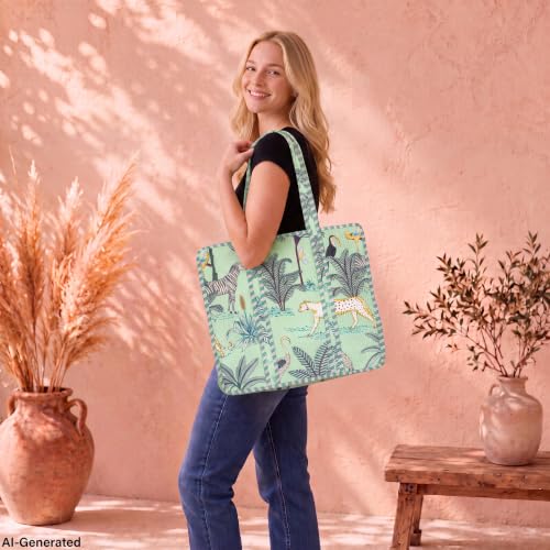 Image of 100% Cotton Jungle Print Shoulder Bag Tote Bag Women Reversible Shopping Bag and Grocery Bags Stylish Travel Bag Gift for Her