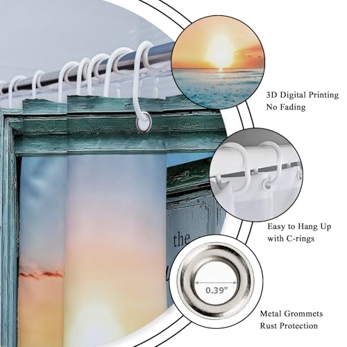 Riyidecor Inspirational Quote Shower Curtain for Bathroom Decor 72Wx72H Ocean Beach Teal Barn Door Hawaiian Sunset Scenery Sea Wave Rustic Art Printed Fabric Polyester Waterproof 12 Pack Plastic Hooks - Image 6