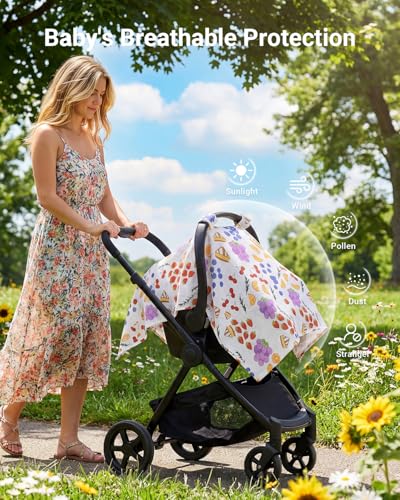 Image of Rquite Car Seat Cover Baby for Girls Boys, 100% Muslin Cotton Infant Carseat Canopy, Soft Breathable Stroller Sun Shade & Newborn Shower Gift, Large Size Universal Fit Summer, Hot & Warm Weather