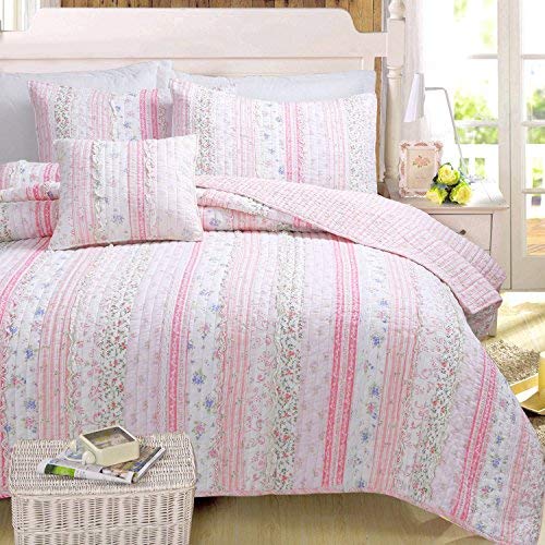 Cozy Line Home Fashions Pink Flower Lace Ruffle Stripe Shabby Chic Girl 100% Cotton Reversible Quilt Bedding Set, Coverlet, Bedspread (Pink Lace, Queen - 3 Piece: 1 Quilt + 2 Shams)