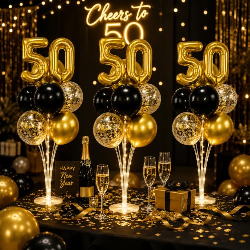 Image of 6 Set 50th Birthday Party Balloon Table Centerpieces with LED Light up