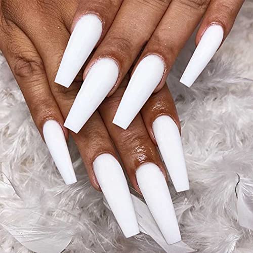 Outyua Matte White Press on Nails Coffin Super Long Fake Nails Acrylic False Nails with Designs Ballerina Full Cover Nails 24Pcs (White)