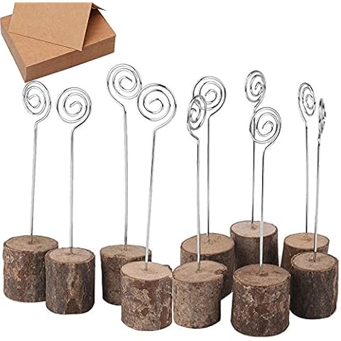 Wooden Base Place Card Holders, Iron Wire Picture Picks Clip Holder Stand, 5.5 Inches Rustic Memo Photo Clip Card Holders Paper Note Clip for Christmas Party Wedding Table Home Decorations(10 Pack) Cover