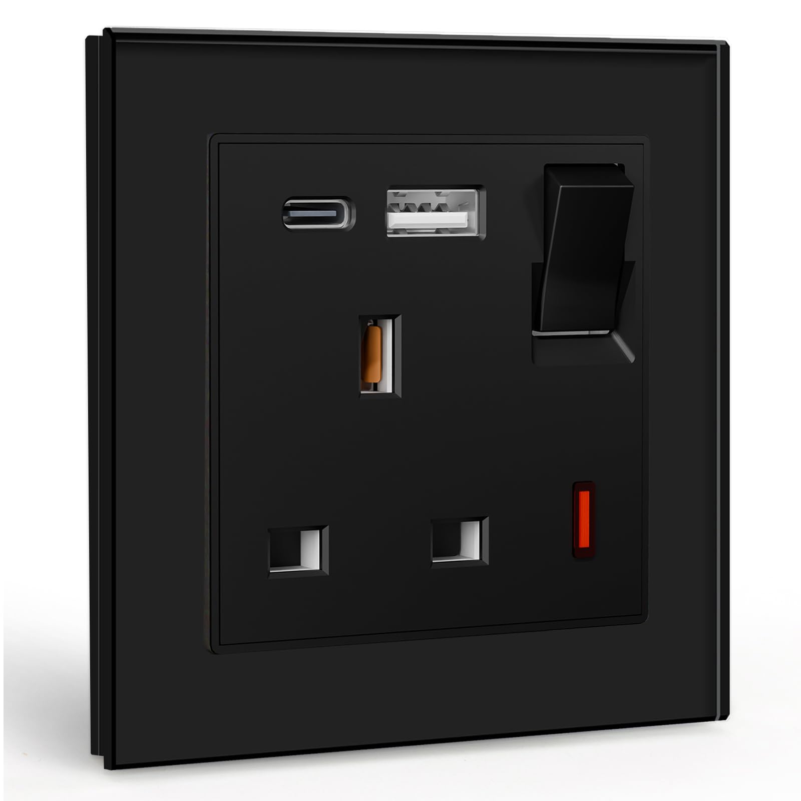 BSEED Single Socket 13A with USB A and USB C 18W, Single Plug Socket 1 Gang UK Standard, Switched Outlet with Glass Panel, Electric Power Outlet Black โ image 1