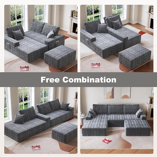 Image of Modular Sectional Sofa Couches L-Shape Couch 3 Seat Modular Sofa Memory Foam Sectional Couches for Living Room (Gray, 108 inch+Left Chaise + Ottoman)