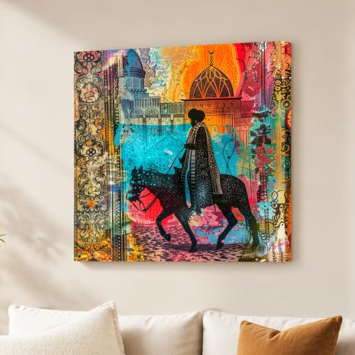 Image of Royal Horse Rider Stretched Canvas Wall Art Painting for Living Room | Colorful Ethnic Abstract Horse Painting | Vintage Cultural Wall Decor for Home & Office, 22x22 Inch