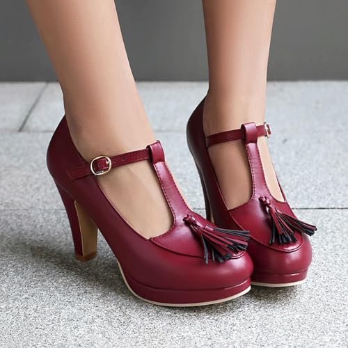 Alyaafifa Chunky High Heel Pumps for Women with Bow Knot Platform Closed Round Toe Ankle Strap Matte Leather Mary Jane Dress Shoes Wedding Office Evening2