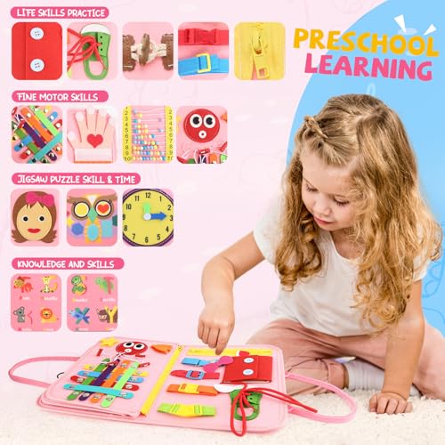 Image of Toddler Busy Board, Montessori Sensory Toys for Boys, 3-8 Year Old Girl Toddler Travel Toys, Educational Learning Activities Board for Motor Skills, Birthday Gifts for Airplane Car, Pink