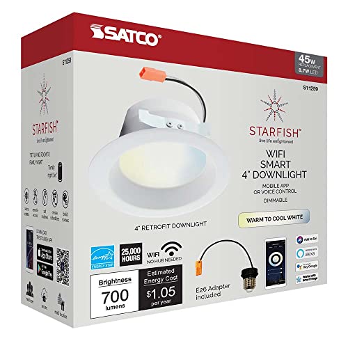 Lighting Satco S11259 Starfish 4 Inch Retrofit WiFi Smart LED Recessed Downlight, Works with Siri, Alexa, Google Assistant, SmartThings, Tunable White, 700 Lumens SmartThings Compatible Lighting Satco S11259 Starfish 4 Inch Retrofit WiFi Smart LED Recessed Downlight, Works with Siri, Alexa, Google Assistant, SmartThings, Tunable White, 700 Lumens SmartThings Compatible