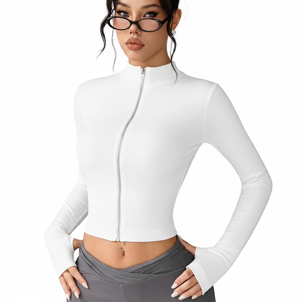 Women’s Ribbed High Neck Front Zip Crop Top | Full Sleeve Bodycon Slim Fit Stretch | Casual Party Clubwear Korean Style Fashion Top for Girls & Women 100% Cotton-image-27