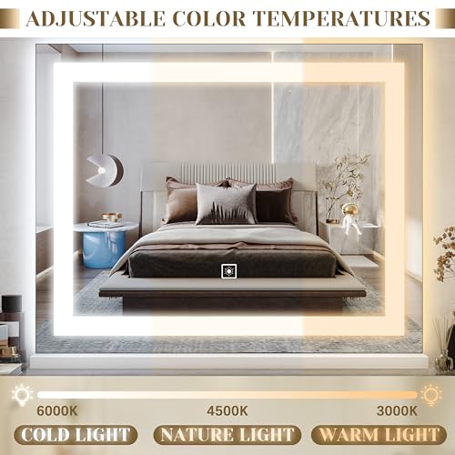 Image of ROLOVE 22x19 Inch Lighted Vanity Mirror, Large LED Makeup Mirror with 3 Color Modes, Dimmable Touch Control, Wall Mount & Tabletop, with Detachable 10X Magnification Mirror, White