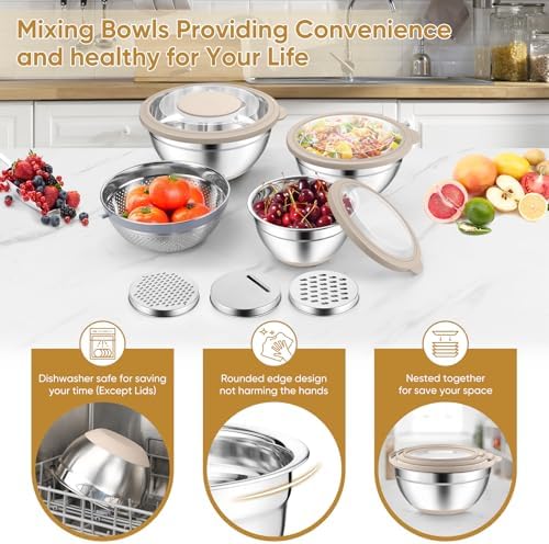 P&P CHEF Mixing Bowls with Lids Set of 3, Stainless Steel Mixing Bowl and Colander for Kitchen, 3 Grater Attachments & Non-Slip Bottoms, Visible & Airtight Lid, Khaki - Thumbnail 4