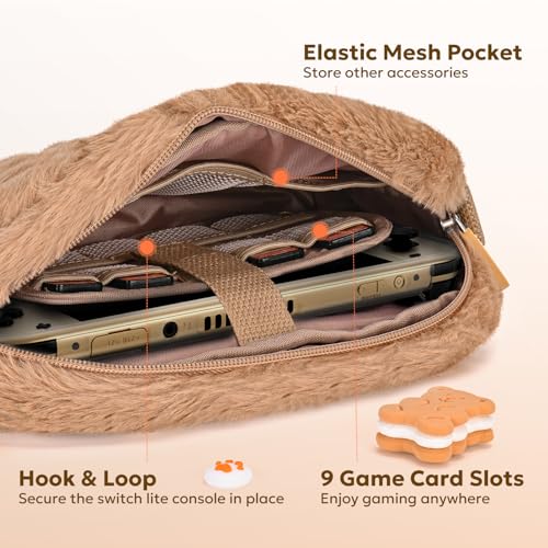 Image of innoAura Switch Lite Case 14-in-1 Accessories Bundle for NS Switch Lite (2019), with Protective Carrying Case, Game Holder, Screen Protector & Cute Thumb Grips, Brown Dog Plush Bag