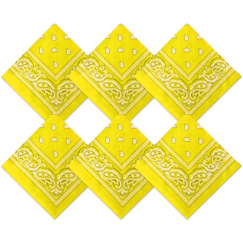 Blulu 6 Pcs Yellow Neon Color Cowboy Bandanas for Men Women Assorted Paisley Pattern Handkerchiefs 22 x 22 Inch Kids Headwrap Scarfs