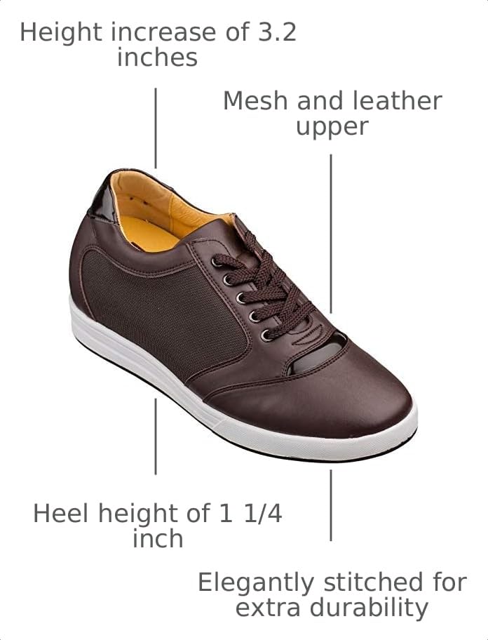 Image of TOTO Men's Invisible Height Increasing Elevator Shoes - Dark Brown Leather /Mesh Lace-up Casual Fashion Sneakers - 3.2 Inches Taller - A53271 - Size 7.5 D(M) US