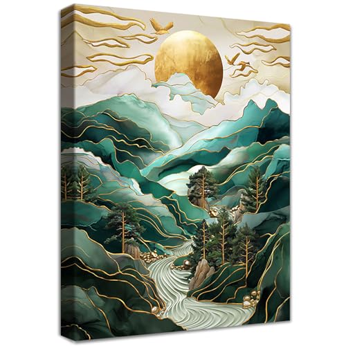 Amanecer en Tokio Marco de Madera Cuadro Modernos Montañas Verdes Ríos y Árboles Cuadros Decorativos Lienzo Pintura Imagen Foto Cuadros Decoracion Salon Baño Dormitorio Comedor Pasillo 40x60cm