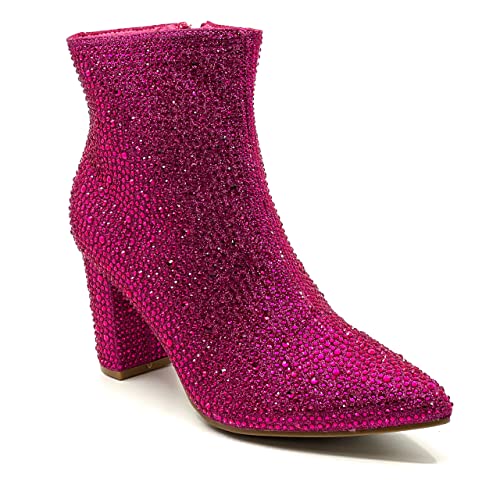 Women Rhinestone Block Chunky Heel Ankle Bootie Iceberg 12 By Forever shoes Fuchsia Size 72