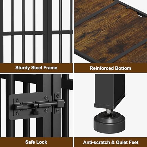Easycom 41" Dog Crate Furniture Foldable, No Assembly Decorative Dog Kennel Indoor, Dog Crates for Large Dogs(40-65 lb), Wooden Dog Cage with Adjustable Bowls and Name Tag, End Table, Rustic Brown