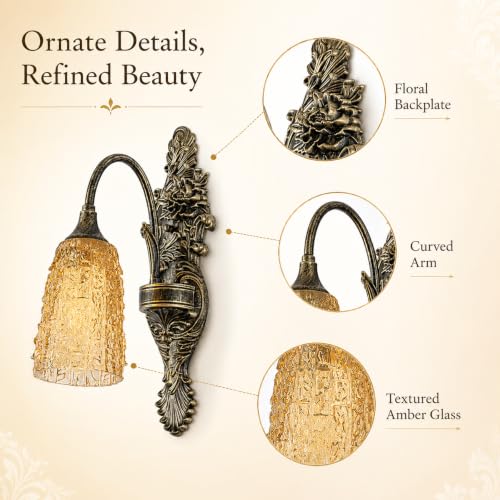 Image of Rustic Glass Wall Sconce Vintage Antique Gothic Black Brush Gold Wall Light Fixture Retro Mid Centry Glass Wall Sconce for Bedroom, Living Room, Mirror, Hallway