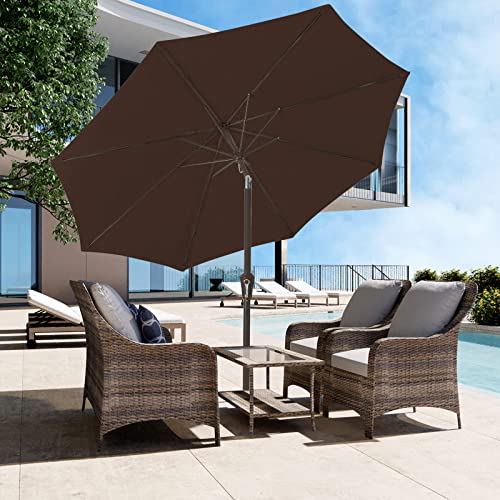 Image of JEAREY 9FT Outdoor Patio Umbrella Outdoor Table Umbrella with Push Button Tilt and Crank, Market Umbrella 8 Sturdy Ribs UV Protection Waterproof for Garden, Deck, Backyard, Pool (Brown)