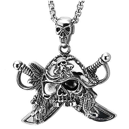 Collier crâne viking pirate en acier homme avec sa longue chaîne de blé 75cm