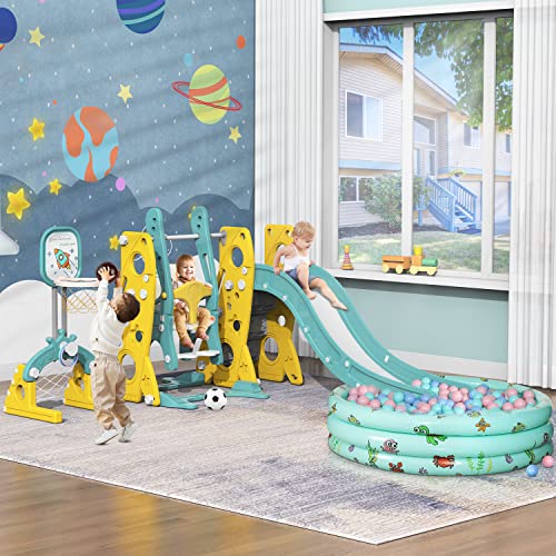 Amictoy Toddler Slide And Swing Set, 6 In 1 Kids Climber Slide Playset For Toddlers Age 1-3, Freestanding Baby Slide Indoor Outdoor Playground W/Basketball Hoop, Swing And Ball Pool #TOP3