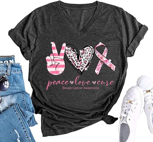 Breast Cancer T Shirt Women Pink Ribbon Shirts Funny Letter Print Cancer Fighter Tees Short Sleeve V-Neck Tops4