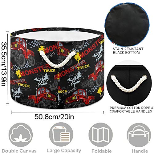 Image of visesunny Collapsible Large Capacity Basket Cool Monster Truck Clothes Toy Storage Hamper with Durable Cotton Handles Home Organizer Solution for Bathroom, Bedroom, Nursery, Laundry,Closet