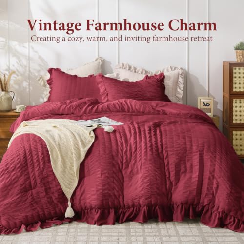 Image of JOLLYVOGUE Burgundy Oversized Queen Comforter Set,3pcs Seersucker Bed Set | OEKO-TEX Certified, All Season, Down Alternative Fill, Lightweight Bedding Set with Ruffle Comforter & Pillowshams, Easy Care