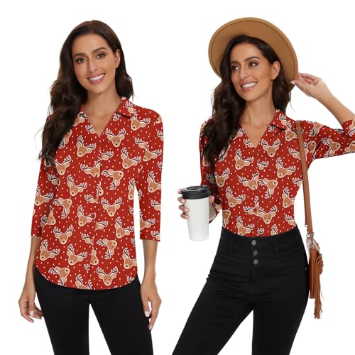 Image of Soneven Womens Golf Polo Shirts 3 /4 Long Sleeve V Neck Button Down Shirts Business Causal Work Blouses Tops