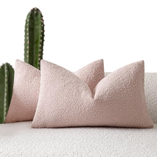 Image of Foindtower Pack of 2 Textured Boucle Throw Pillow Covers Accent Solid Decorative Lumbar Pillow Cases Cozy Couch Cushion Case for Chair Sofa Bedroom Living Room Home Decor 12x20 Inch Sakura Pink