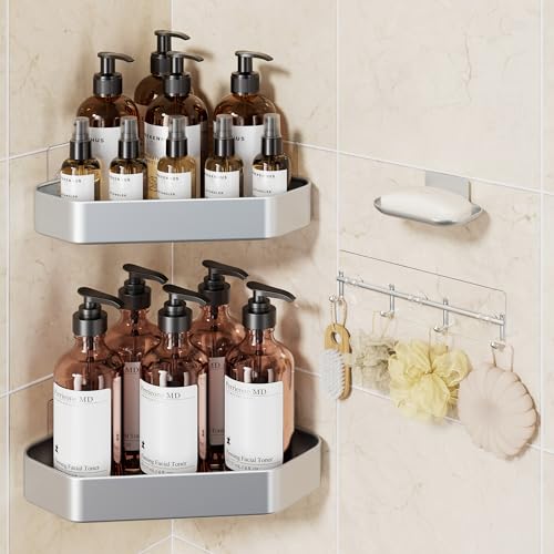Image of Veken Aluminum Corner Shower Caddy 4-Pack, Never Rust&Large Capacity,Silver | No Drilling Shelves, Rack with Soap Holder&Towel Bar, Super-Strong Adhesive for High Load, Bathroom Organizers and Storage